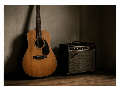 Chitarra acustica appoggiata su supporto con spartito aperto e luce naturale