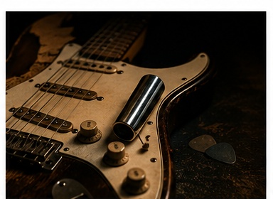 Dettaglio della tastiera di una chitarra con profondità di campo cinematografica