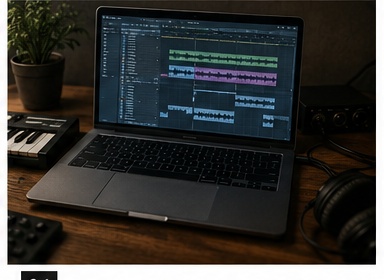 Schermo con forme d'onda digitali ed elementi grafici AI su scrivania minimalista