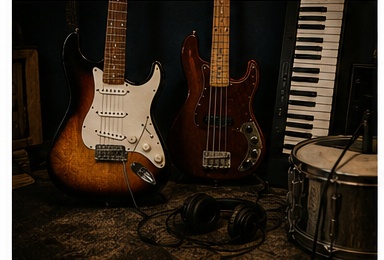 Diversi strumenti musicali affiancati in ambiente semplice