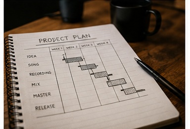 Diagramma di Gantt su monitor affiancato da spartiti e chitarra